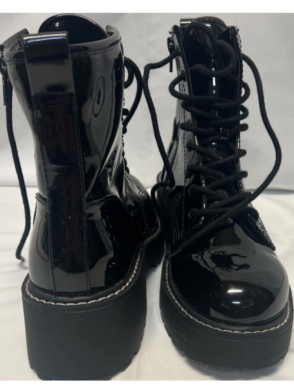 Madden Girl Carra Women’s 7.5 Black Patent Combat Boots Platform Lug Sole